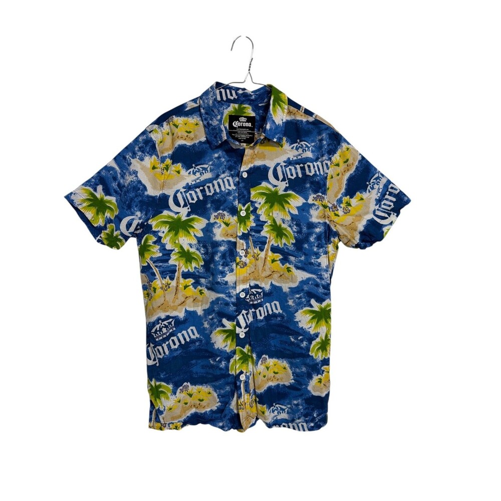 Corona Beer Hawaiian Shirt Button Up Short Sleeve Palm Trees Blue  Large‎